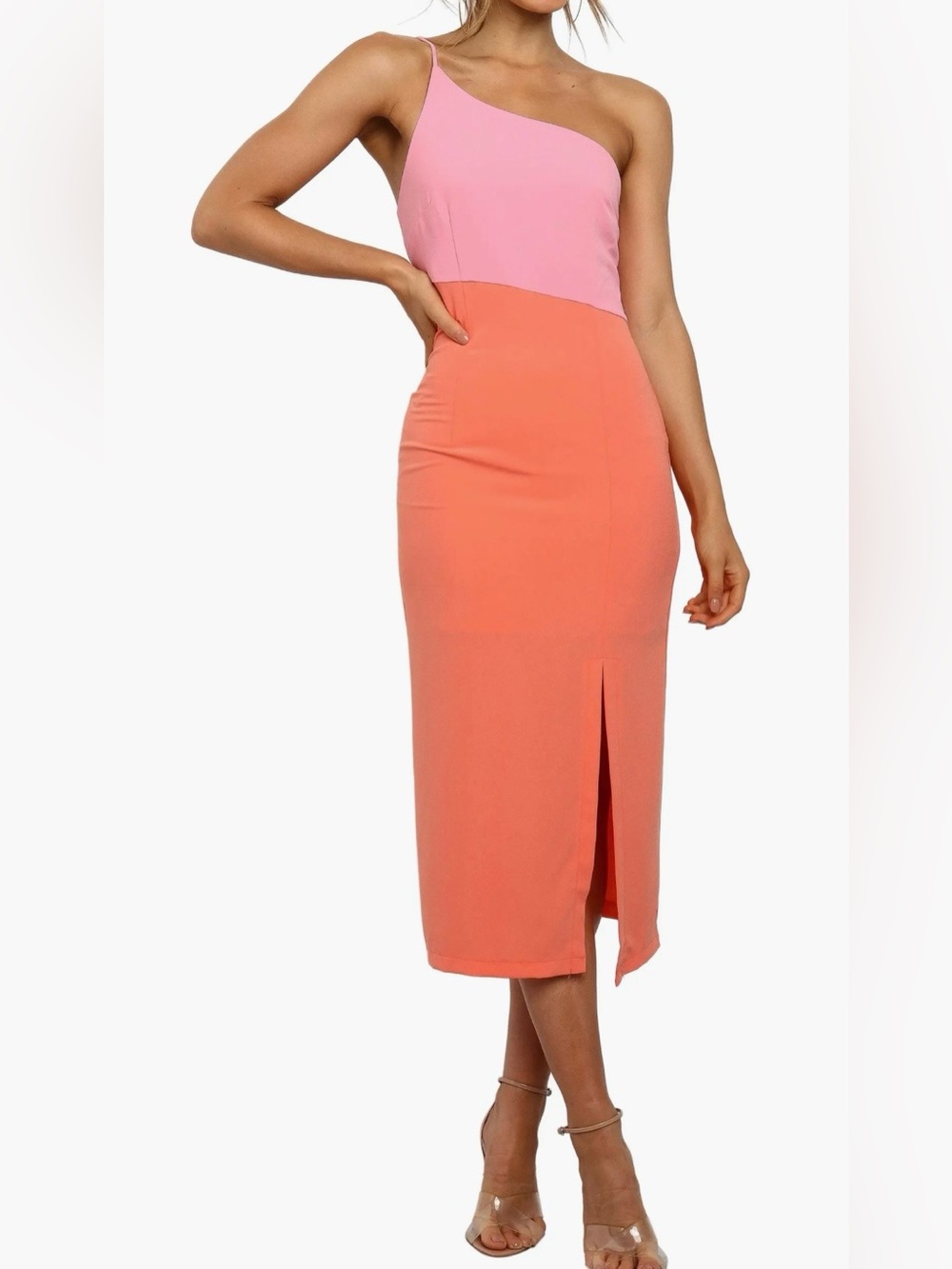 Petal & Pup Pink and Coral One-Shoulder Colorblock Midi Dress